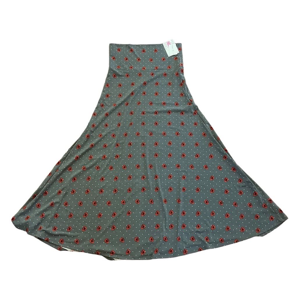 LuLaRoe Women Medium MAXI Skirt Gray White Polka Dot Red Roses